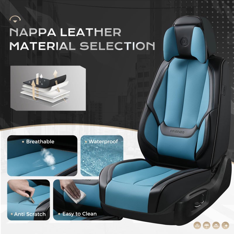Coverado Seat Covers, Car Seat Covers Front Seats, Car Seat Cover, Car Seat Protector Waterproof, Seat Cushion Nappa Leather with Head Pillow, Carseat Cover Universal Fit for Most Cars (Black&Blue) - Image 2