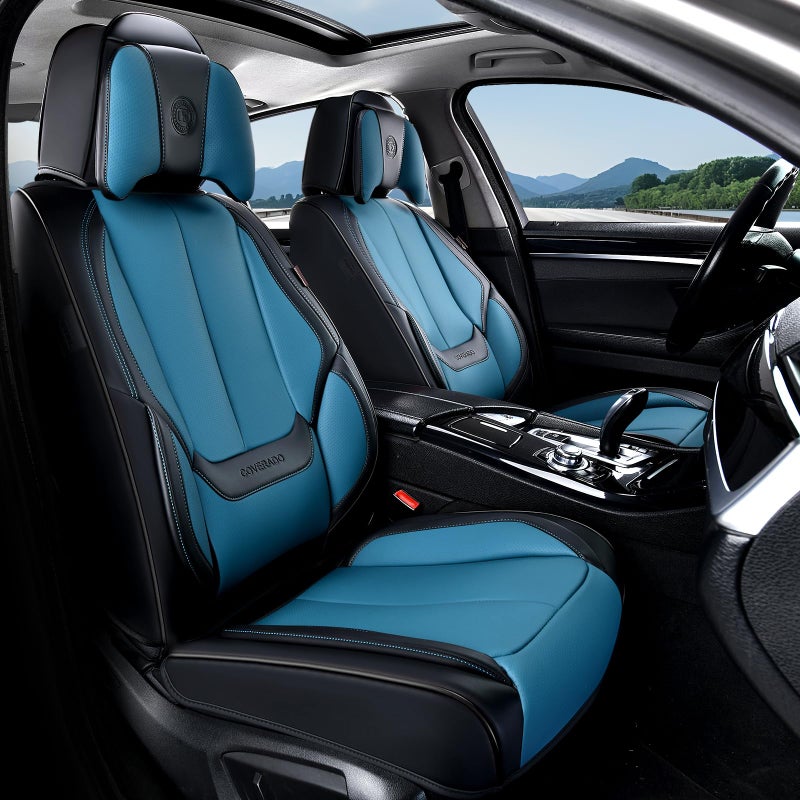 Coverado Seat Covers, Car Seat Covers Front Seats, Car Seat Cover, Car Seat Protector Waterproof, Seat Cushion Nappa Leather with Head Pillow, Carseat Cover Universal Fit for Most Cars (Black&Blue) - Image 1