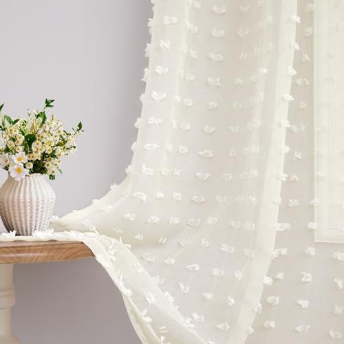 DANCURTON Cream Sheer Curtains for Living Room 84 Inch Length Ivory Pom Pom Boho Sheer Curtains 2 Panels Set Back Tab Country Farmhouse Shabby Chic Semi Sheer Window Drapes for Bedroom Nursery 84 Inches Long - Image 1