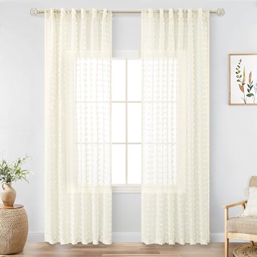 DANCURTON Cream Sheer Curtains for Living Room 84 Inch Length Ivory Pom Pom Boho Sheer Curtains 2 Panels Set Back Tab Country Farmhouse Shabby Chic Semi Sheer Window Drapes for Bedroom Nursery 84 Inches Long - Image 2