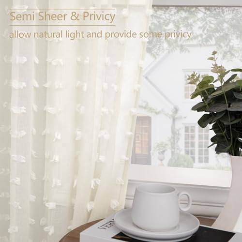 DANCURTON Cream Sheer Curtains for Living Room 84 Inch Length Ivory Pom Pom Boho Sheer Curtains 2 Panels Set Back Tab Country Farmhouse Shabby Chic Semi Sheer Window Drapes for Bedroom Nursery 84 Inches Long - Image 4