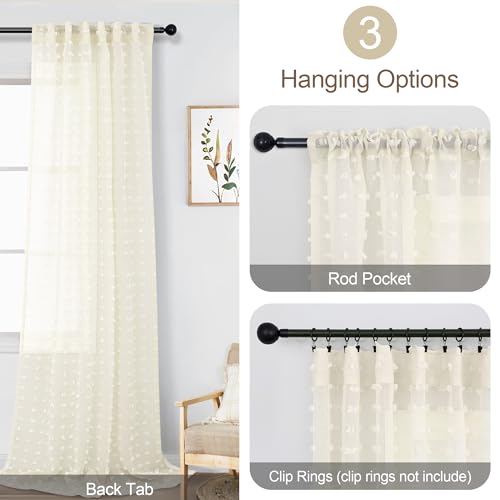 DANCURTON Cream Sheer Curtains for Living Room 84 Inch Length Ivory Pom Pom Boho Sheer Curtains 2 Panels Set Back Tab Country Farmhouse Shabby Chic Semi Sheer Window Drapes for Bedroom Nursery 84 Inches Long - Image 5