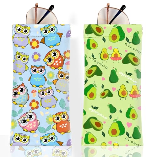 Anikathy 2Pcs Sunglass Eyeglass Glasses Case Soft PU Leather with Cleaning Cloth Soft Sunglasses Case Cute Aesthetic Portable Travel Glasses Pouch Bag for Men Women Girls（Avocado and Owl Pattern - Image 1