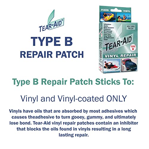 TEAR-AID Vinyl Repair Kit, Type B Clear Patch for Vinyl and Vinyl-Coated Materials, Works on Vinyl Tents, Awnings, Air Matresses, Pool Liners & More, Green Box, Single Pack - Image 2