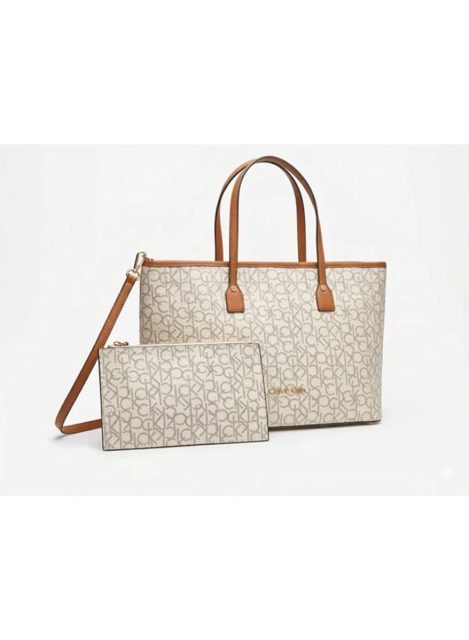 Calvin Klein Jeans Monogram Tote Set - Chic Beige & Cognac - Image 1