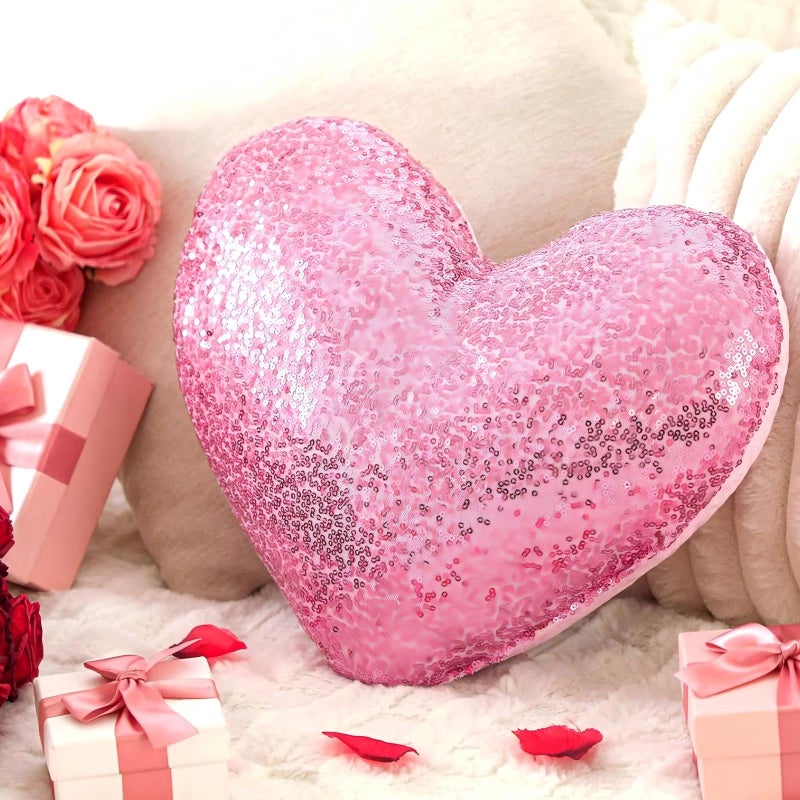 Yookeer Glitter Sequins Heart Shaped Pillow 14'' x 12'' Valentine's Day Decorative Sparkling Throw Pillows Solid Soft Shiny Cushion for Women Valentine Wedding Anniversary Bed Couch Decor(Pink) - Image 1