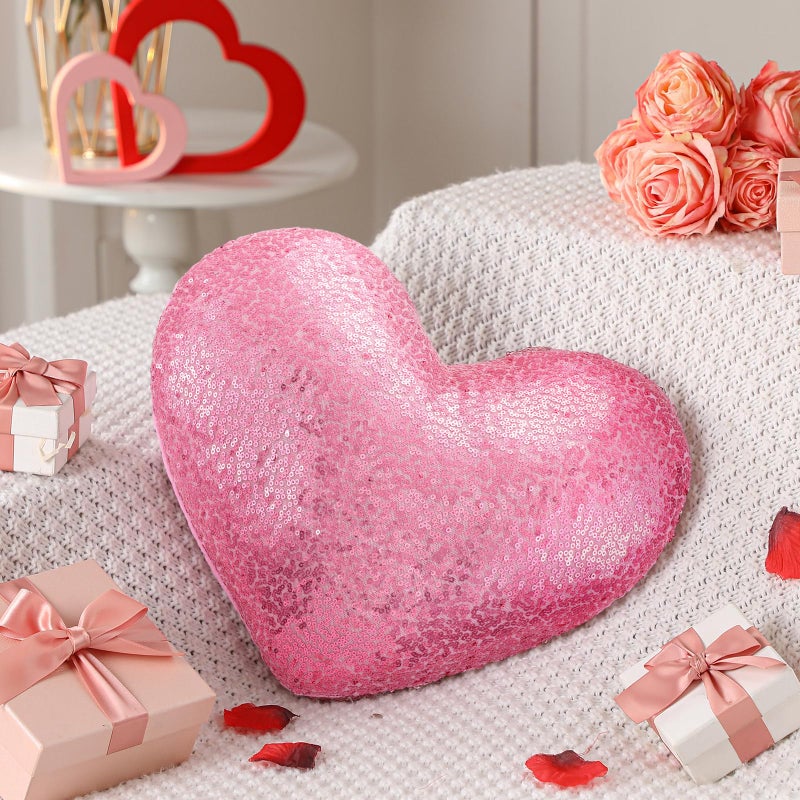 Yookeer Glitter Sequins Heart Shaped Pillow 14'' x 12'' Valentine's Day Decorative Sparkling Throw Pillows Solid Soft Shiny Cushion for Women Valentine Wedding Anniversary Bed Couch Decor(Pink) - Image 4