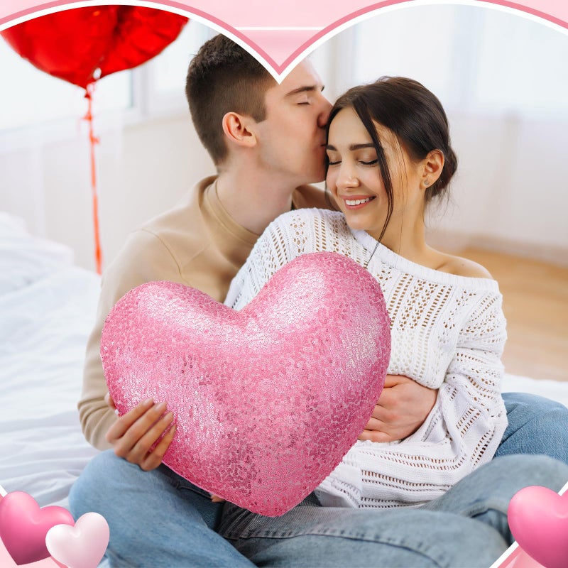 Yookeer Glitter Sequins Heart Shaped Pillow 14'' x 12'' Valentine's Day Decorative Sparkling Throw Pillows Solid Soft Shiny Cushion for Women Valentine Wedding Anniversary Bed Couch Decor(Pink) - Image 5