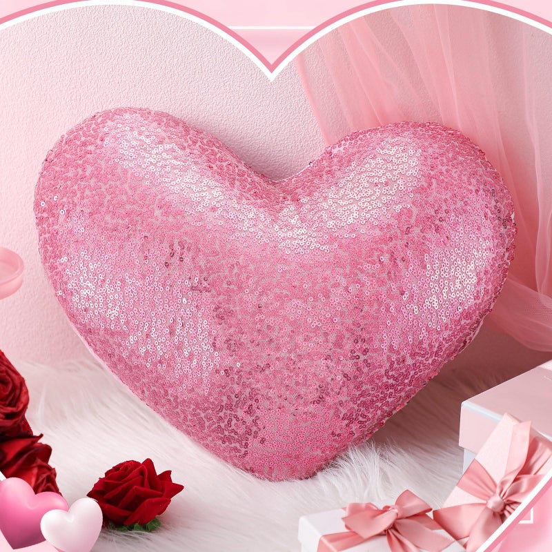 Yookeer Glitter Sequins Heart Shaped Pillow 14'' x 12'' Valentine's Day Decorative Sparkling Throw Pillows Solid Soft Shiny Cushion for Women Valentine Wedding Anniversary Bed Couch Decor(Pink) - Image 2