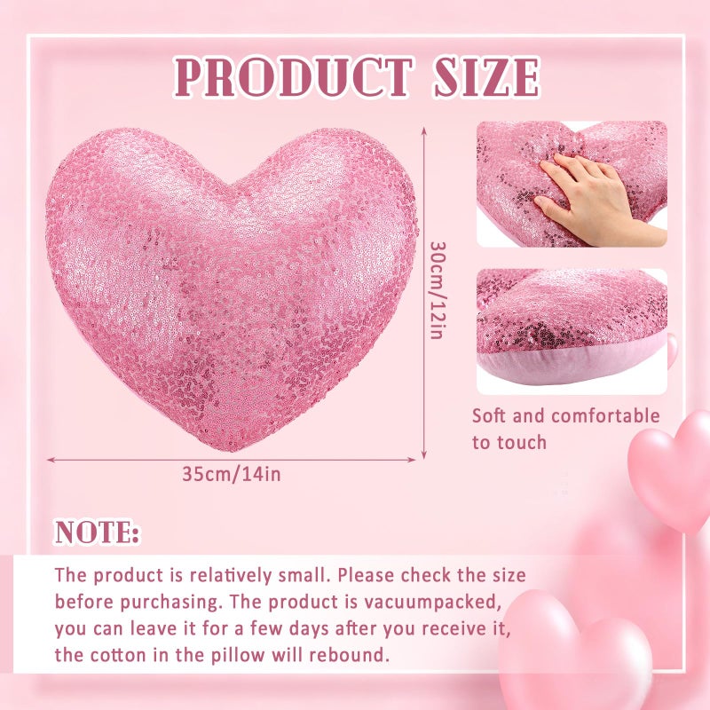 Yookeer Glitter Sequins Heart Shaped Pillow 14'' x 12'' Valentine's Day Decorative Sparkling Throw Pillows Solid Soft Shiny Cushion for Women Valentine Wedding Anniversary Bed Couch Decor(Pink) - Image 3