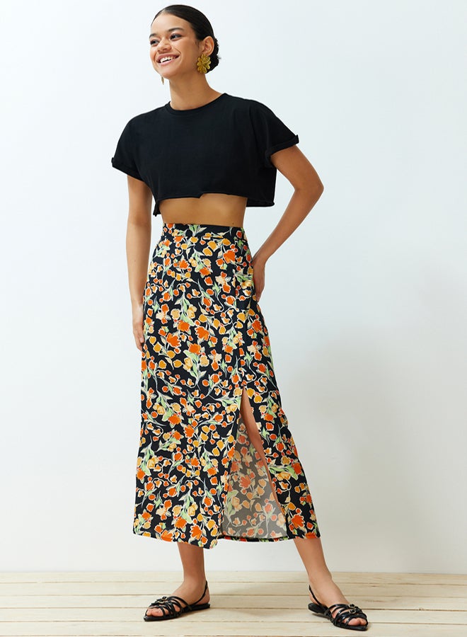 trendyol Multicolored Viscose Fabric Floral Patterned Slit Midi Woven Skirt TWOSS24ET00126 - Image 1