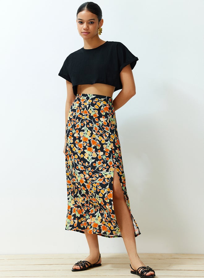 trendyol Multicolored Viscose Fabric Floral Patterned Slit Midi Woven Skirt TWOSS24ET00126 - Image 3