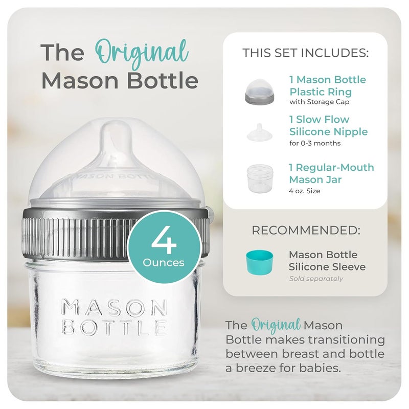Mason Bottle 4oz Baby Glass Bottle with Breast Like Slow Flow Nipple CapRing  BPA Free Non Toxic Anti Colic Baby Bottle Glass Feeding Bottle for Babies - Image 2