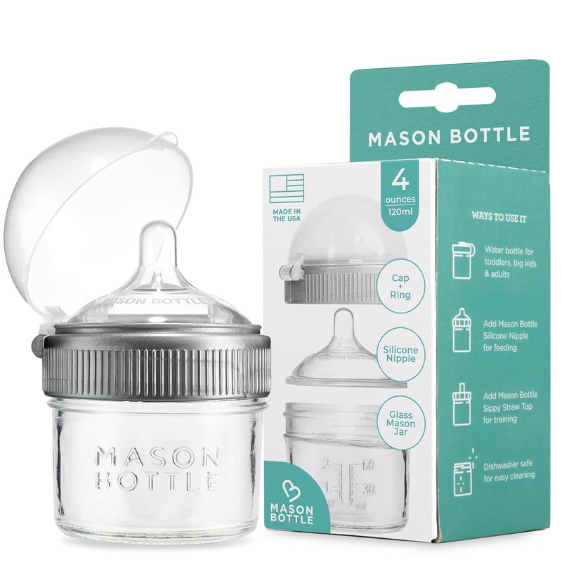 Mason Bottle 4oz Baby Glass Bottle with Breast Like Slow Flow Nipple CapRing  BPA Free Non Toxic Anti Colic Baby Bottle Glass Feeding Bottle for Babies - Image 1