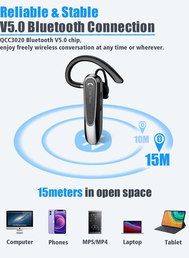 Link Dream Bluetooth Earpiece Wireless CVC8.0 Headset for Cell Phone Dual Mic Noise Canceling Earpiece Phone with Mute Key 20H Talk 180 Days Standby for iPhone Android Home Office Driving (1 Pack) - Image 5