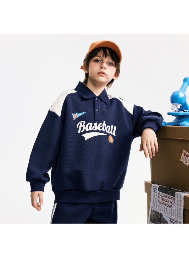 مكد 【طقم】 طقم من قطعتين للبنين لخريف: سويشيرت بطباعة حرفية ياقة مطوية وسراويل مريحة فضفاضة للجري وكرة السلة - Image 4