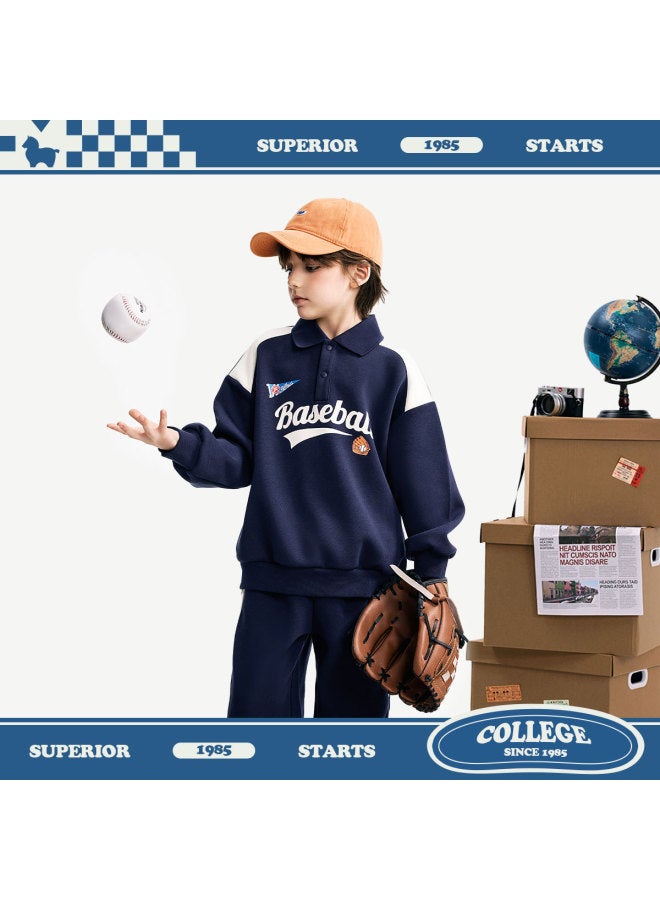 مكد 【طقم】 طقم من قطعتين للبنين لخريف: سويشيرت بطباعة حرفية ياقة مطوية وسراويل مريحة فضفاضة للجري وكرة السلة - Image 2