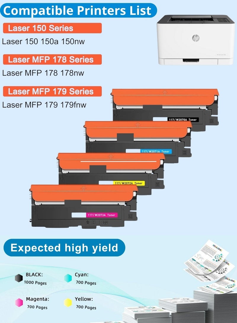 مجموعة حبر   117Aطقم حبر 117A (W2070A W2071A W2072A W2073A  )متوافقة مع طابعات اتش بي HP Color Laser MFP 150a 150nw 178nw 179fnw – أربعة خراطيش ملونة أسود، سماوي، أرجواني، أصفر