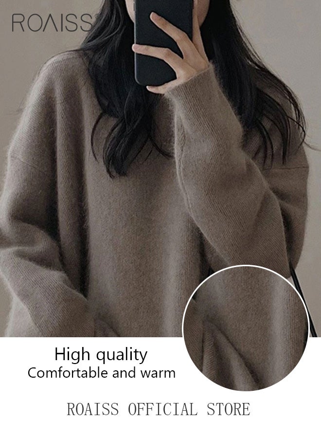 roaiss Ladies MediumLength Loose Sweater Lazy Style Solid Color Round Neck Long Sleeves Cashmere Fabric Cozy and Stylish  - Image 5