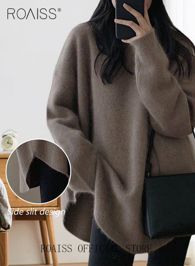 roaiss Ladies MediumLength Loose Sweater Lazy Style Solid Color Round Neck Long Sleeves Cashmere Fabric Cozy and Stylish  - Image 4