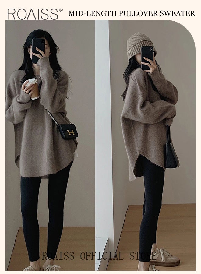 roaiss Ladies MediumLength Loose Sweater Lazy Style Solid Color Round Neck Long Sleeves Cashmere Fabric Cozy and Stylish  - Image 3