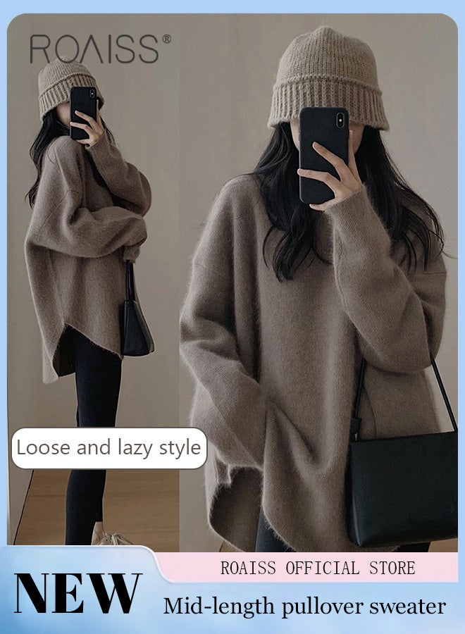 roaiss Ladies MediumLength Loose Sweater Lazy Style Solid Color Round Neck Long Sleeves Cashmere Fabric Cozy and Stylish  - Image 2