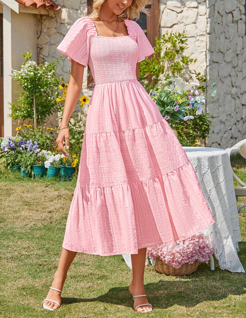 MEROKEETY Women's 2026 Summer Flowy Midi Maxi Dress Short Sleeve Square Neck Smocked Tiered Ruffle Boho Dresses with Pockets, Pink, X-Large - Image 2