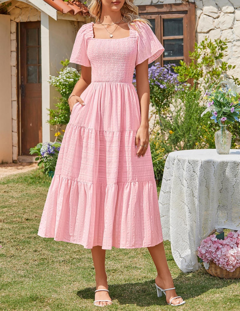 MEROKEETY Women's 2026 Summer Flowy Midi Maxi Dress Short Sleeve Square Neck Smocked Tiered Ruffle Boho Dresses with Pockets, Pink, X-Large - Image 3
