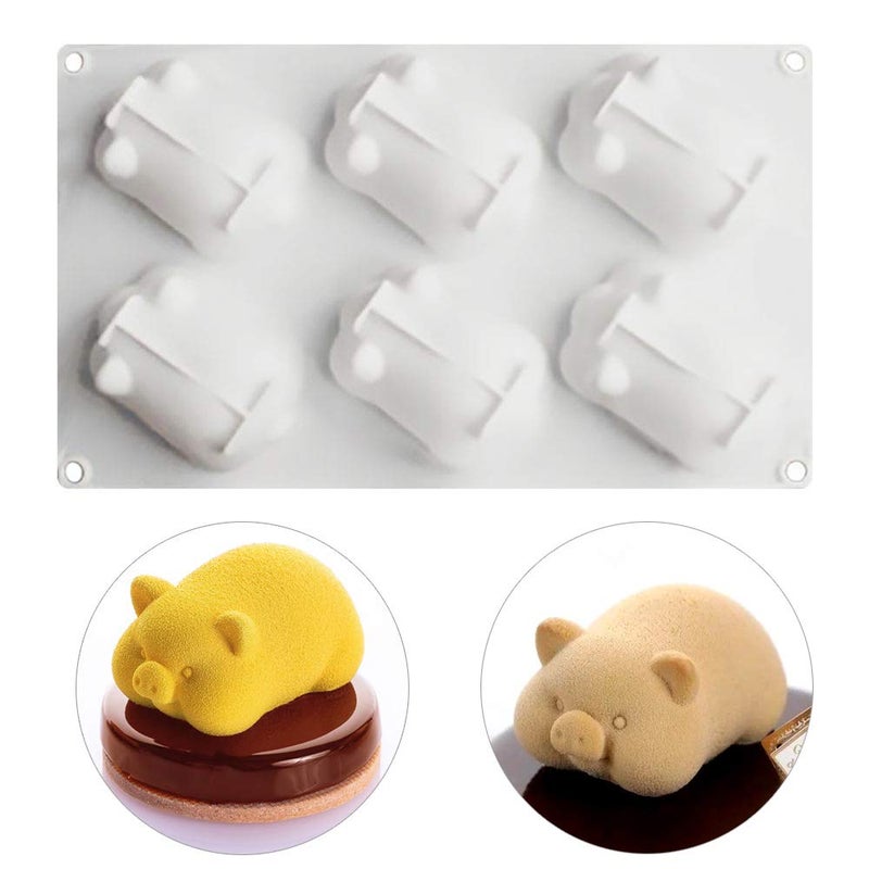 HiParty 6 Cavity 3D Pig Mousse Cake Baking Pan Cute Piggy Silicone Mold for French Dessert Soap Lotion Bar Plaster Chocolate Candy Mould Cupcake Butter Jello Ice Cube Tray - Image 1