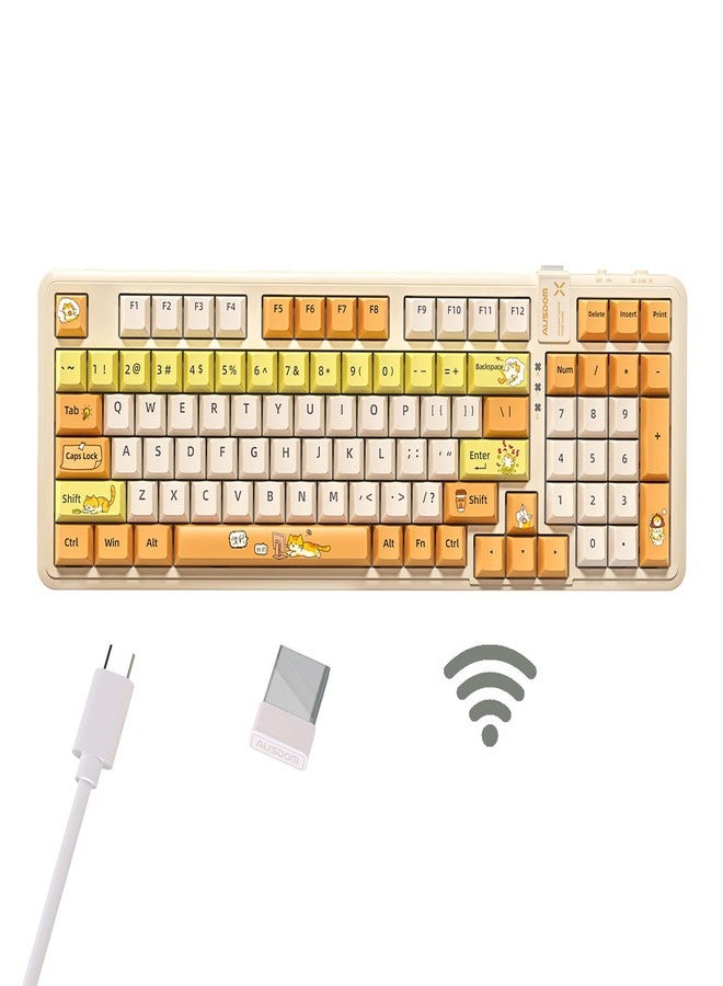 AUSDOM 98Pro Wireless Mechanical Keyboard, Tri-Mode Bluetooth/2.4GHz/USB-C Gasket Hot Swappable Custom Gaming Keyboard with Backlit, PBT Keycaps, Linear Switches, for Windows/Mac/PC (Yellow Cat Theme) - Image 1