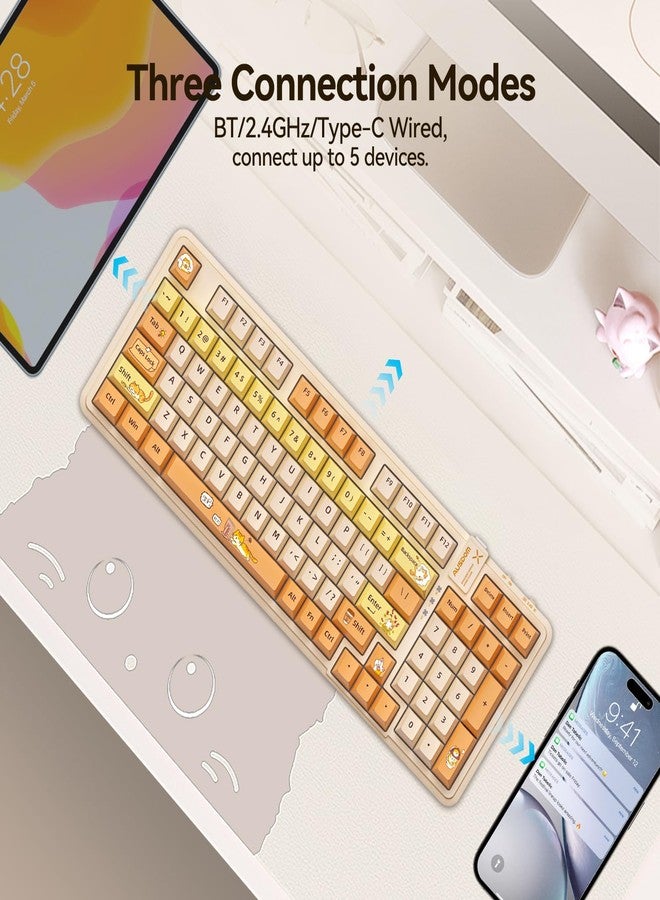 AUSDOM 98Pro Wireless Mechanical Keyboard, Tri-Mode Bluetooth/2.4GHz/USB-C Gasket Hot Swappable Custom Gaming Keyboard with Backlit, PBT Keycaps, Linear Switches, for Windows/Mac/PC (Yellow Cat Theme) - Image 2