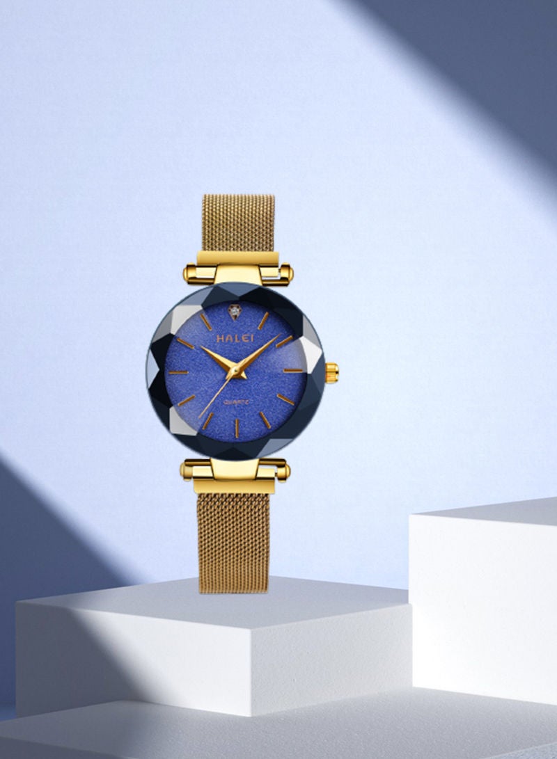 هالي ساعة HALEI نسائية إيطالية إسوارة فاخرة 6010L - 34ملم ذهبي وأزرق - مقاومة للماء والصدمات - كرونوغراف - كوارتز - Image 1