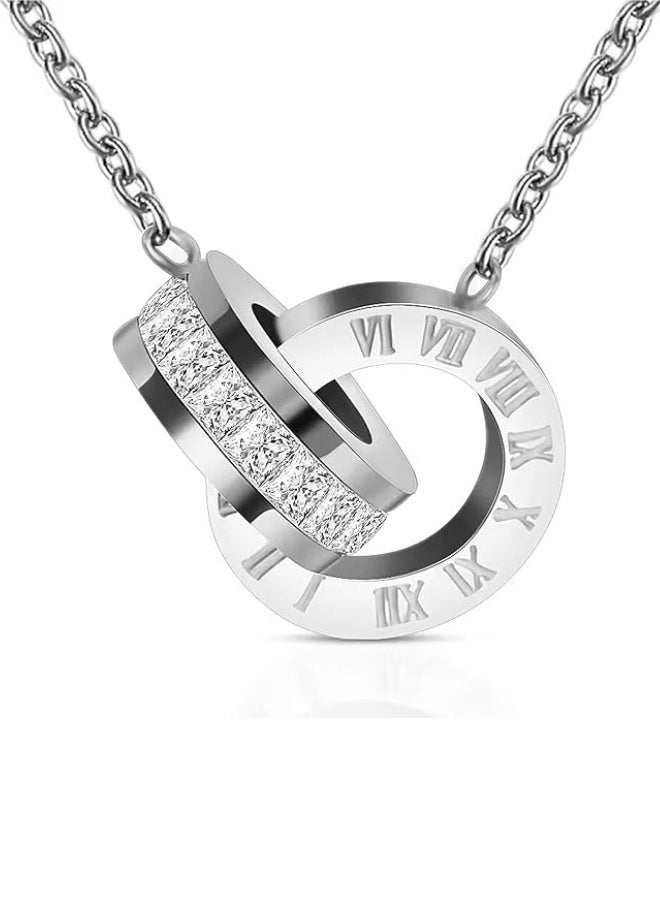 aeen Women's Stainless Steel Double Ring Pendant Necklace – Roman Numeral & Infinity Symbol Design, Elegant Everyday Jewelry Gift - Image 3