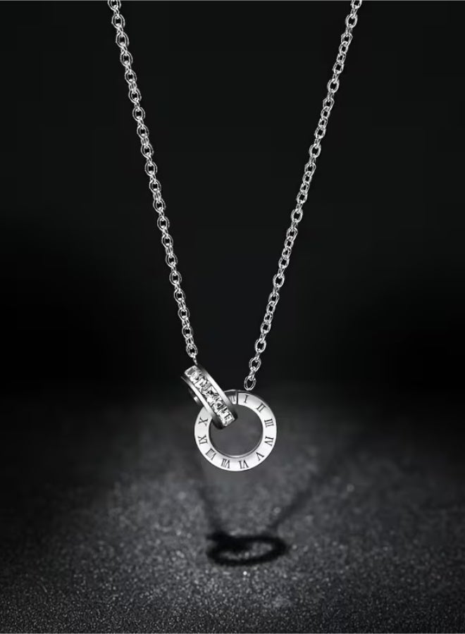 aeen Women's Stainless Steel Double Ring Pendant Necklace – Roman Numeral & Infinity Symbol Design, Elegant Everyday Jewelry Gift - Image 2