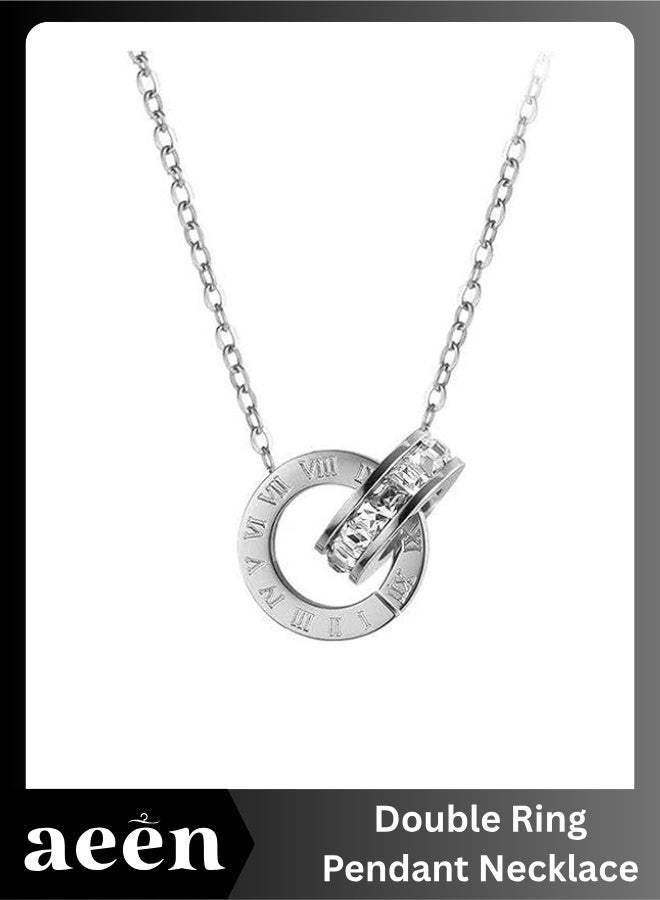 aeen Women's Stainless Steel Double Ring Pendant Necklace – Roman Numeral & Infinity Symbol Design, Elegant Everyday Jewelry Gift - Image 1