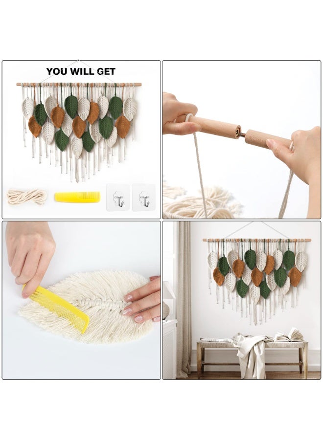 Boho Macrame Wall Hanging Tapestry with Leaf Feather Design, Green and Brown - Image 4