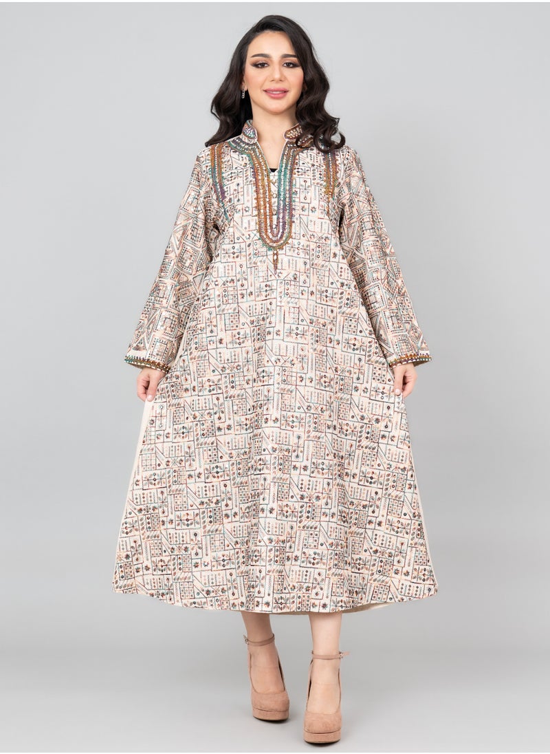 IKKXA Elegant Embroidered Linen Jalabiya IK1023 Beige  - Image 1