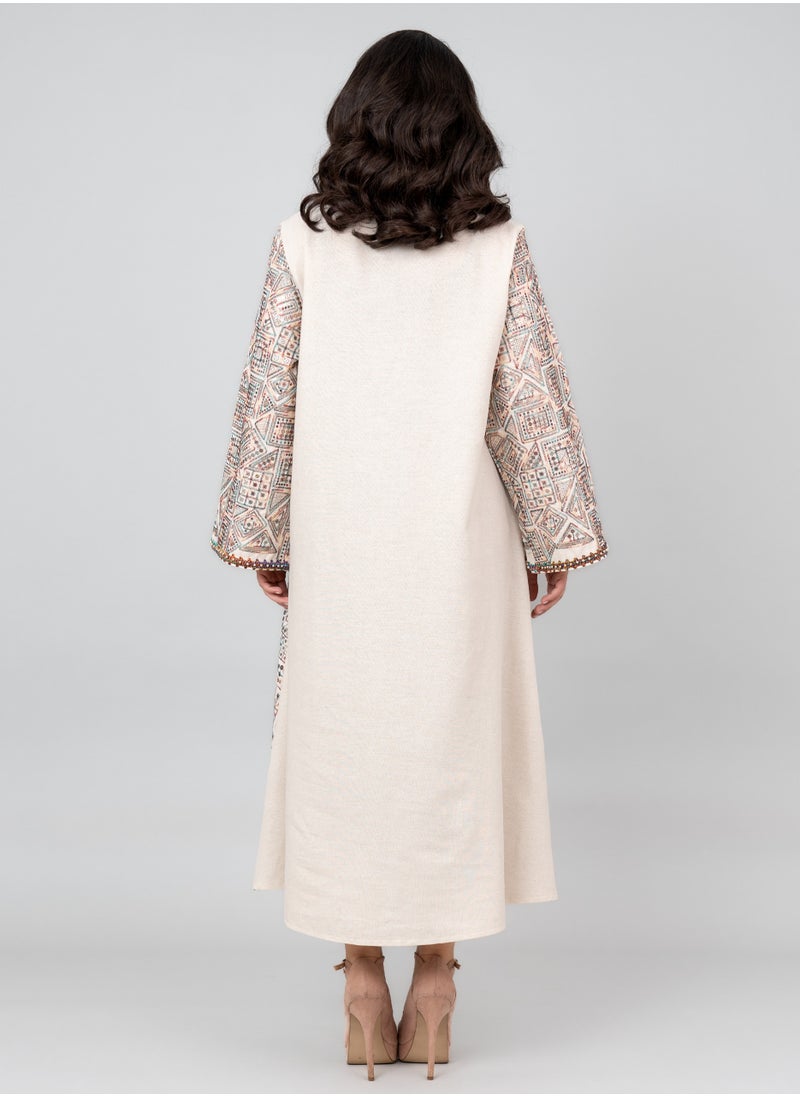 IKKXA Elegant Embroidered Linen Jalabiya IK1023 Beige  - Image 4
