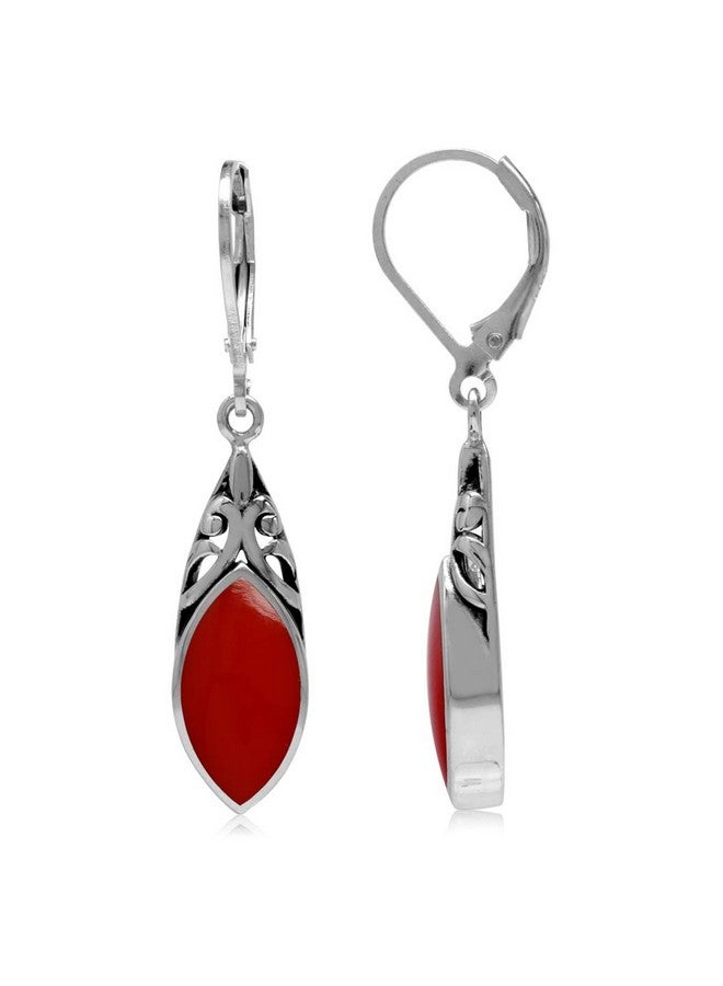 Silvershake 14X7Mm Created Marquise Shape Red Coral 925 Sterling Silver Filigree Leverback Dangle Earrings - Image 1