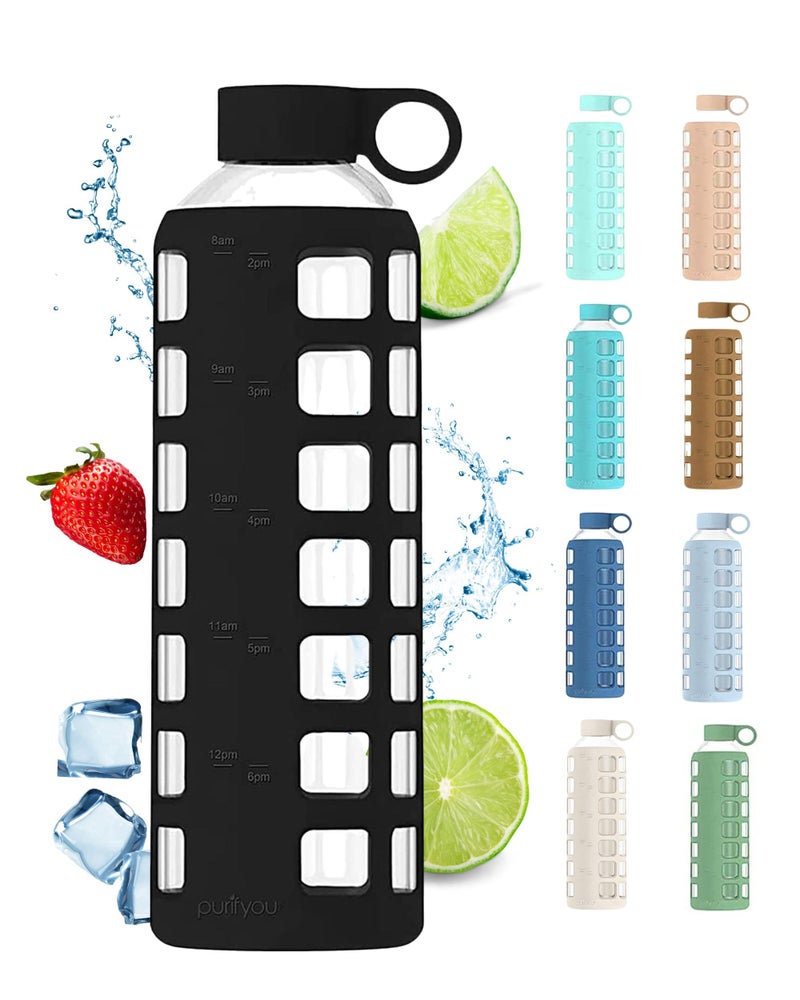 purifyou Premium 40/32 / 22/12 oz Glass Water Bottles with Volume & Times to Drink  Silicone Sleeve & Stainless Steel Lid Insert  Reusable Bottle for Fridge Water  Milk  Juice (40oz JetBlack)