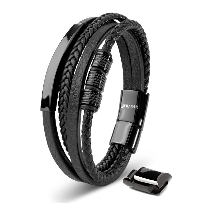SERASAR Mens Original Leather Bracelet 20cm Black Men Gift Box Genuine Braided Adjust Able Magnetic Clasp Multi Layer Wrap Rope Man Mans Bracelets Jewelry Magnet Accessories - Image 1
