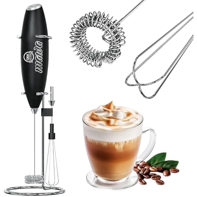 Mawa Handheld Milk Frother With Stand  Mini Whisk Coffee Mixer  Coffee Frother With Mini Electric Whisk  Frother For Coffee Matcha Hot Chocolate  Black - Image 1