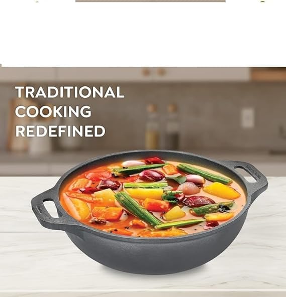 VOMI Cast Iron Kadai 26cm Even Heat DistributionScratch ResistantCompatible with Gas InductionRetains Heat for Long kadai Pans - Image 2
