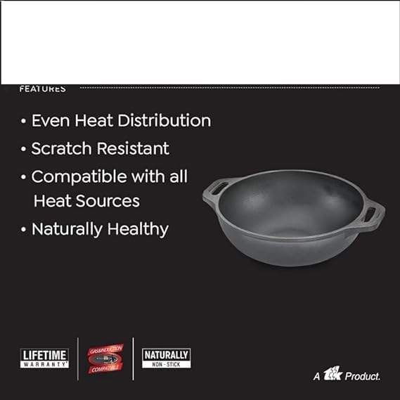 VOMI Cast Iron Kadai 26cm Even Heat DistributionScratch ResistantCompatible with Gas InductionRetains Heat for Long kadai Pans - Image 4