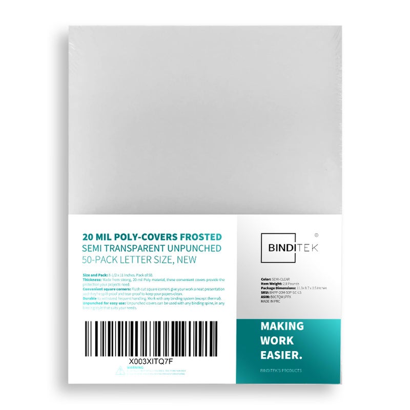 Binditek 50 Pack 20 Mil Frosted Polycover, Semi-Transparent Binding Covers, 8-1/2 x 11 Inches, Lightly Textured Sand Finish, Square Corners, Unpunched - Image 1