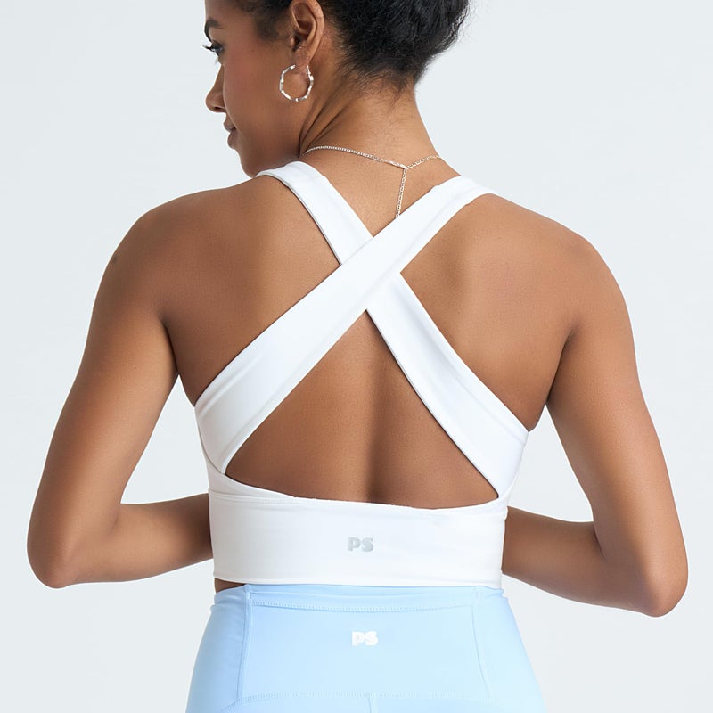 POPSUGAR Long Line Sports Bra Women, Workout Crop Tops for Women Longline Criss Cross Gym Yoga Tops with Built in Bra for Running Pilates White Light, Medium - Image 5
