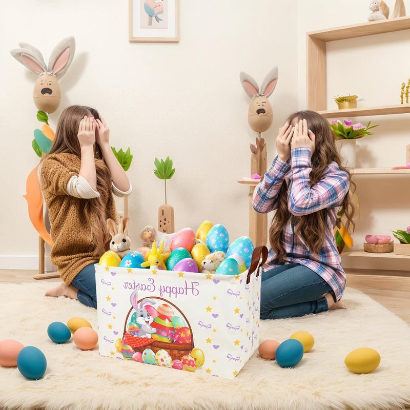 SETAMA Easter Basket for Kid Large Empty Baby Rectangular Cute Easter Gift Storage Basket Bunny Eggs Décor (Rabbit Purple Bow Tie) - Image 3