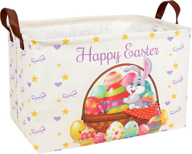 SETAMA Easter Basket for Kid Large Empty Baby Rectangular Cute Easter Gift Storage Basket Bunny Eggs Décor (Rabbit Purple Bow Tie) - Image 1