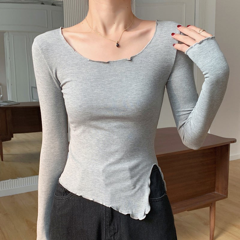 Selected High-Elastic Threaded Cotton Rolled Edge Asymmetrical Slit T-Shirt Women'S Long-Sleeved 2025 Autumn New Tight-Fitting Bottoming Shirt - Image 1