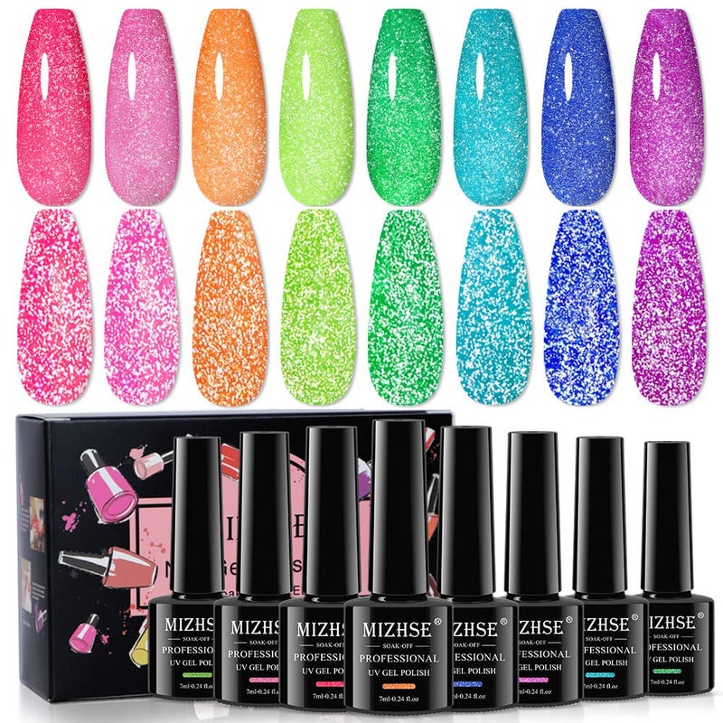 MIZHSE Neon Reflective Gel Polish SetSparkly Shiny Disco Shimmer Nail Polish Gel Kit Fluorescent Bright UV LED Soak Off Glitter Nail Gel Polish for DIY Nail Art Salon